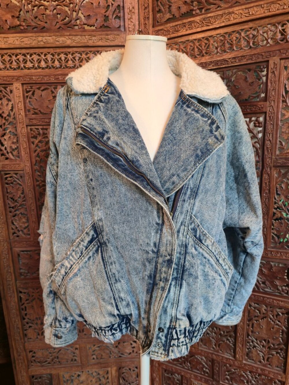Vintage Andy Johns Acid Wash Sherpa Lined Denim Jacket Size L 1980s grunge Gen X